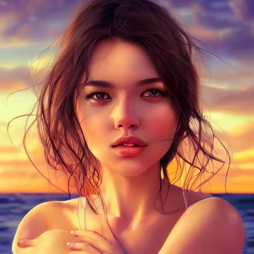 Prompt: portrait of beautiful woman on the beach, realistic proportions, big brown eyes, sunset, highly detailed, bokeh, digital painting by wlop, rossdraws, artgerm.