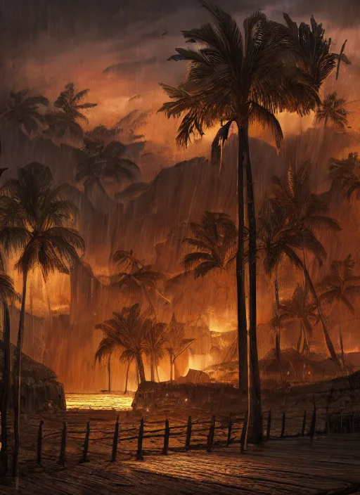 Image similar to wooden palisade wall on a tropical island kit by torches in a Storm , intricate Details, raphael lacoste, eddie mendoza, alex ross, concept art, matte painting, highly detailed, rule of thirds, dynamic lighting, cinematic, detailed, denoised, centerd, clean render