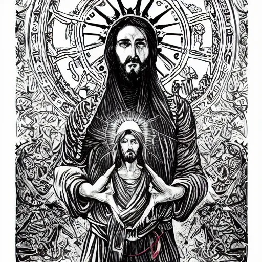 Image similar to blooded jesus christ on mayheim crosses with taliban. symmetrical anatomy, very intricate, digital design, perfect details, pop punk art style, colorful, accompanied by body, pure image without duplication, dribble popular, trending on arstation, drawn by ilya kuvshinov and vinicius gud and gustavo zambelli, intricate, ultra high definition.