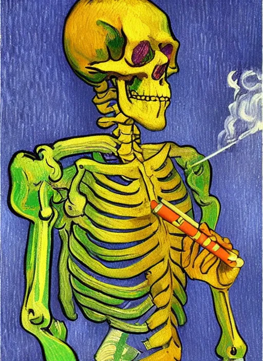 Prompt: a painted portrait of a rainbow skeleton smoking a cigarrette, by Vincent Van Gogh, artstation trending