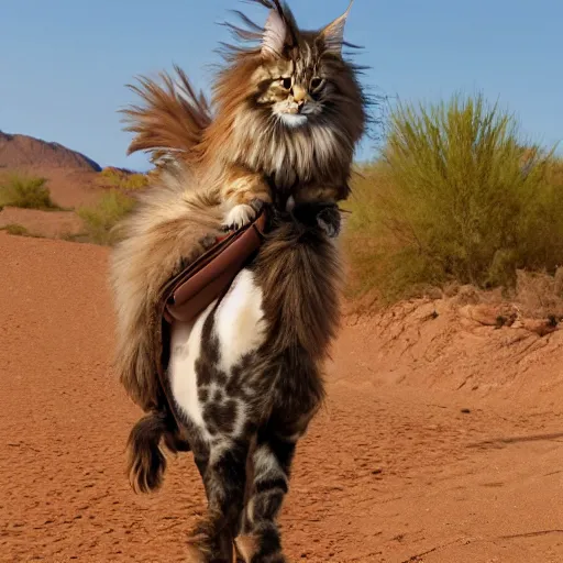 Prompt: Fluffy Maine Coon riding a poney in the desert. Highly realistic. Highly detailed. High resolution. 4k. 8k