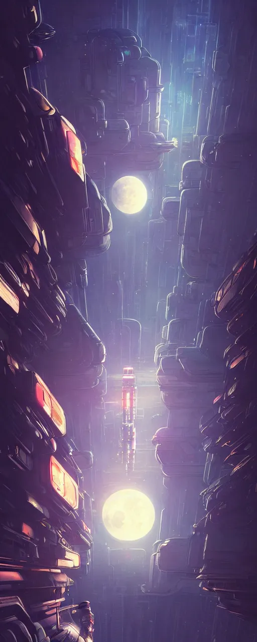 Image similar to A picture of an astronaut floating upside down in a cyberpunk surreal city with a full moon by Jordan Grimmer, Jean Giraud and Neil Blevins trending on artstation