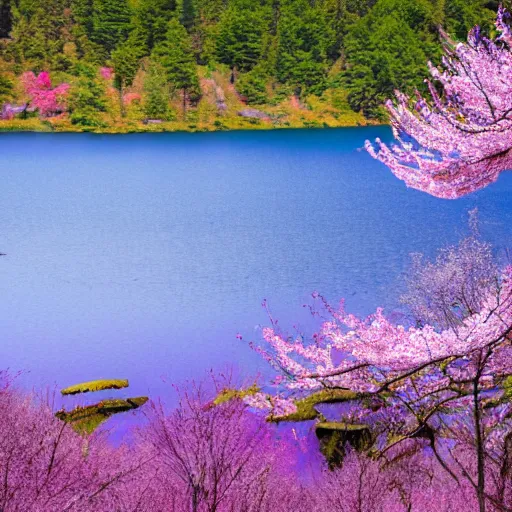 Image similar to forest and lakes with purple Sakura flowers with snow mountains at the background, masterpiece