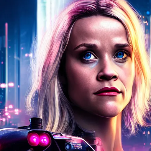 Image similar to reese witherspoon portrait, cyberpunk 2 0 7 7, cyberpunk rogue amendiares, photorealistic, ultra detailed, neon, octane, bokeh, cinematic lighting, cyber, cyberpunk city, studio quality, feature, scars, cyberface, 8 k