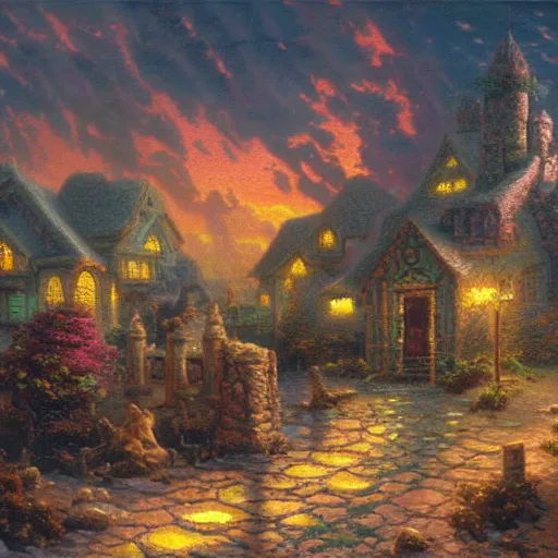 Prompt: a barren hellscape populated by demons, painted by thomas kinkade, highly detailed