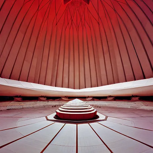 Image similar to interior of a futuristic lotus temple with gold, red and white marble panels, in the desert, by buckminster fuller and syd mead, intricate contemporary architecture, photo journalism, photography, cinematic, national geographic photoshoot