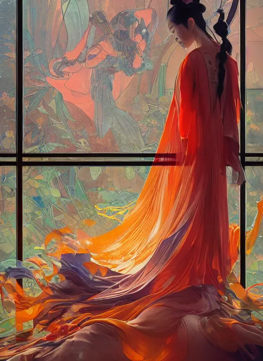 Image similar to view through window, mulan, orange, splash aura in motion, floating pieces, painted art by tsuyoshi nagano, greg rutkowski, artgerm, alphonse mucha, spike painting