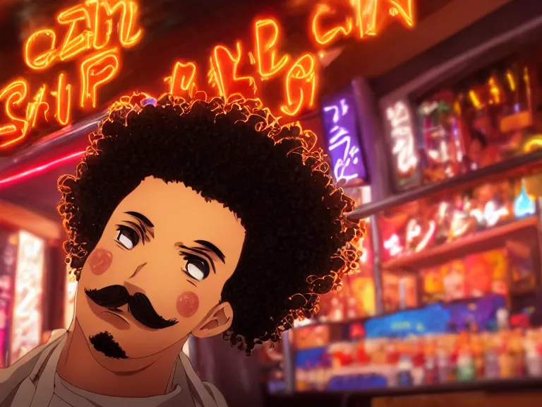 Image similar to close - up anime still of ( ( charming!!!!! latino middle - aged anime protagonist with curly afro and moustache!!! tilting his head charmingly ) late night in an anime bar, cozy lights, detailed orange atmosphere. cinematic rim lighting, global illumination, trending on artstation, hypdertailed, perfect shading, dreamy, masterpiece