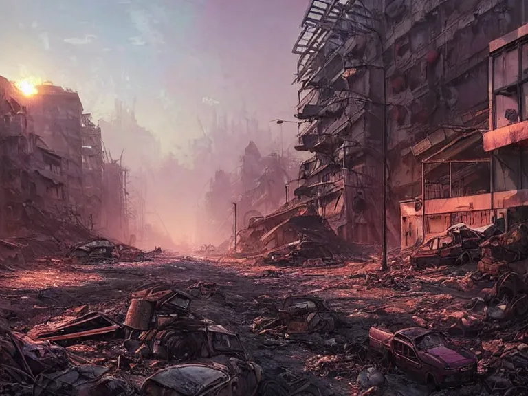 Image similar to postapocalyptic city of syzran!!!, militaristic!!!, rubble, hyperrealistic, highly detailed, cinematic, pink sunlight, romantic, beautiful, cgssociety, artstation, 8 k, oil painting by greg rutkowski, by artgerm, by wlop