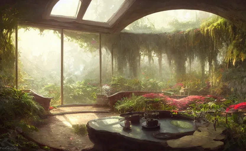 Image similar to painting of an interior of a hidden ring - shaped living quarters overlooking the great room, well maintained, clean, lush plants and flowers, other bedrooms can be seen, natural light, fantasy, natural light, concept art, by greg rutkowski and craig mullins, cozy atmospheric and cinematic lighting, trending on artstation