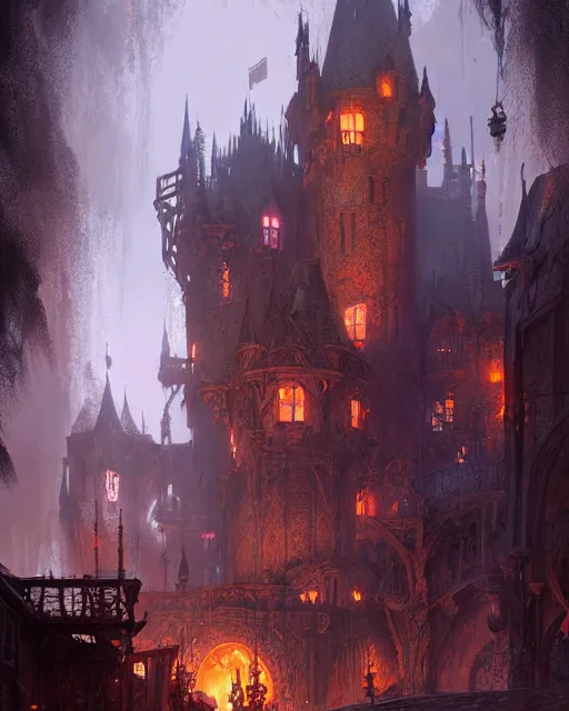 Image similar to robust fantasy castle courtyard burned to the groun, fiery ambient, uplifting mood, ultra realistic, sad, small buildings, highly detailed, epic lighting, illuminated, cinematic, morning, art by eddie mendoza