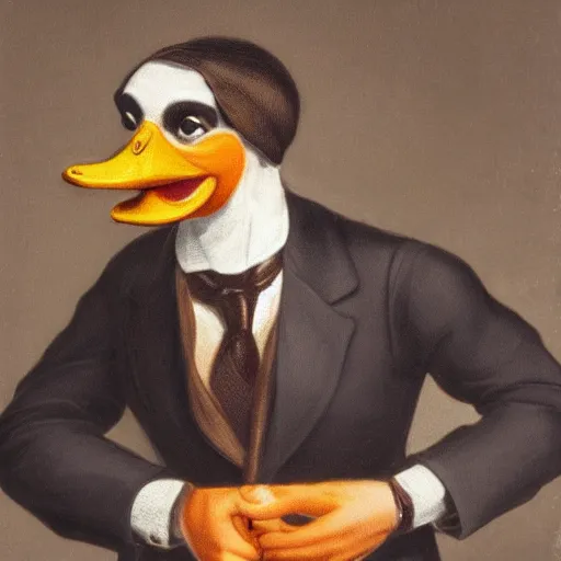 Image similar to a high detail photo of a man with a duck's head wearing a suit, antropomorphic, photorealism