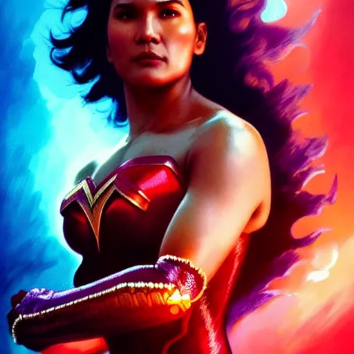 Image similar to iza calzado as darna, volumetric lights, red and cyan theme, art nouveau botanicals, intricate, highly detailed, digital painting, artstation, concept art, smooth, sharp focus, cinematic, illustration, beautiful face, art by artgerm and greg rutkowski and alphonse mucha