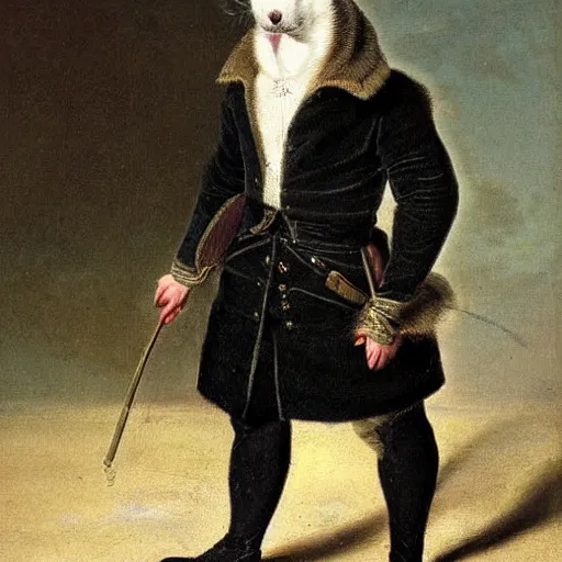 Prompt: Ferret in a general outfit, painted by Jan Willem Pieneman