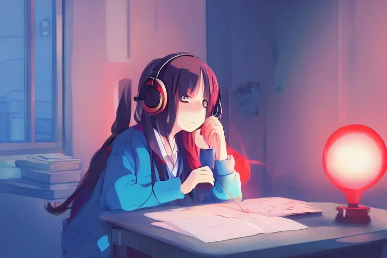 Image similar to lo - fi anime girl, wearing a blue cardigan and red aesthetic lo - fi headphones, studying in a brightly lit room, a lamp hovers above as it illuminates the room, nighttime!!!!!!, cgsociety contest winner, artstation, golden ratio, dim lighting, studio ghibli!!!, 4 k