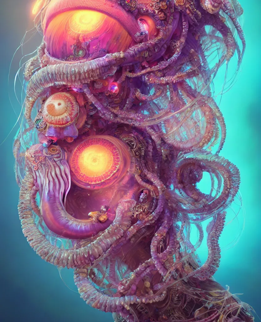 Image similar to goddess princess face close-up portrait ram skull. jellyfish phoenix head, nautilus, orchid, skull, betta fish, bioluminiscent creatures, intricate artwork by Tooth Wu and wlop and beeple. octane render, trending on artstation, greg rutkowski very coherent symmetrical artwork. cinematic, hyper realism, high detail, octane render, 8k