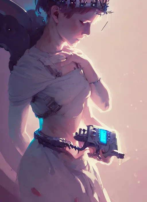 Image similar to portrait of cute maiden girl with crown of thorns and white short hairs, warhammer, cyberpunk, by atey ghailan, by greg rutkowski, by greg tocchini, by james gilleard, by joe gb fenton, by kaethe butcher, dynamic lighting, gradient light blue, brown, blonde cream and white color in scheme, grunge aesthetic