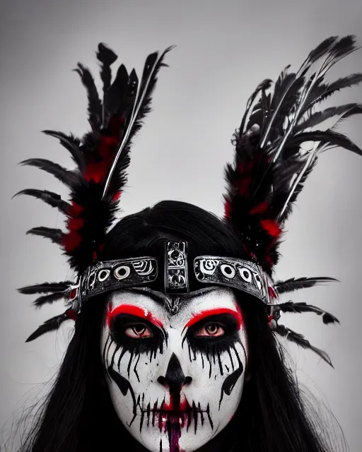 Image similar to the ghost - spirit of the grim - warpaint wears the scarlet skull armor and native blood headdress feathers, midnight fog - mist!, cinematic lighting, various refining methods, micro macro autofocus, ultra definition, award winning photo