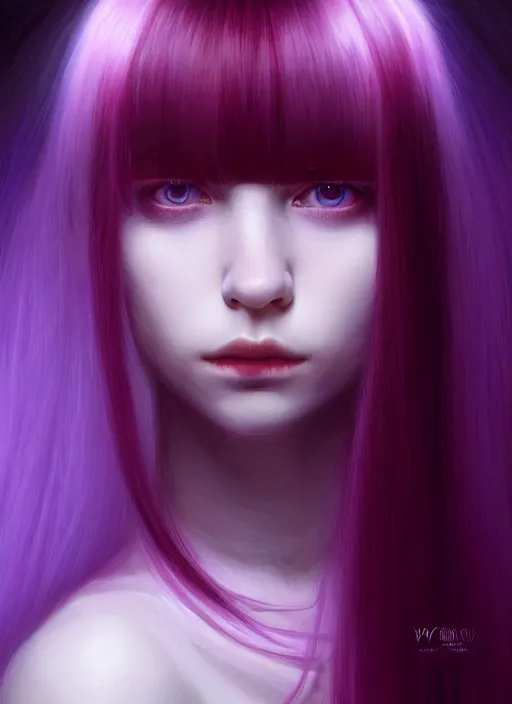 Image similar to hair whitebangs hair, black hair, whitebangs, portrait of teenage girl with white bangs, red irises, purple clothes, white bangs, bangs are different color from hair, intricate, elegant, glowing lights, highly detailed, digital painting, artstation, concept art, smooth, sharp focus, illustration, art by wlop, mars ravelo and greg rutkowski