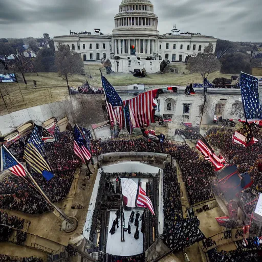 Image similar to capitol riot, View from the top of white house with many people rioting below, hyper-realistic, ultra-detailed, high resolution, HDR shot, cinematic lighting