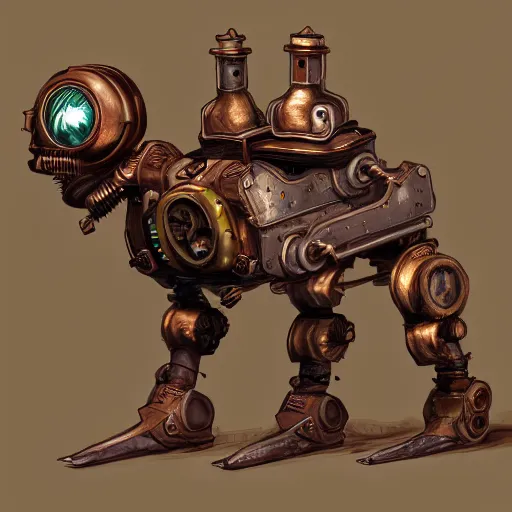 Prompt: celshaded, colour, steampunk robot dog, hyperdetailed, high sharpness, artstation