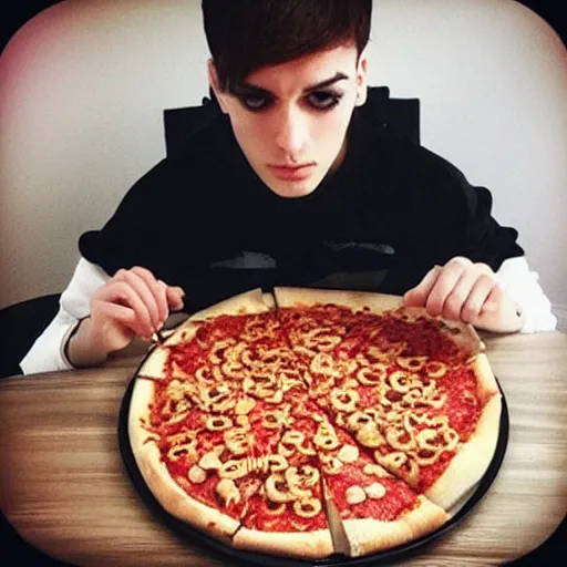 Image similar to “an emo femmeboi eating pizza and Cheerios for lunch”