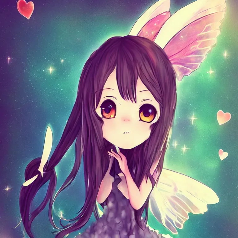 Image similar to cute, full body, female, anime style, a cat girl with fairy wings, large eyes, beautiful lighting, sharp focus, simple background, creative, heart effects, filters applied, illustration