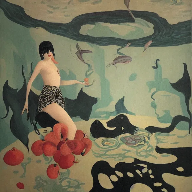 Image similar to tall emo female artist holding a large fish in her flooded kitchen, pomegranates, octopus, water gushing from ceiling, painting of flood waters inside an artist's apartment, a river flooding indoors, ikebana, zen, rapids, waterfall, black swans, canoe, berries, acrylic on canvas, surrealist, by magritte and monet