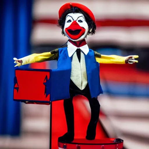 Prompt: mad puppeteer using marionette of a president with clown makeup in a podium