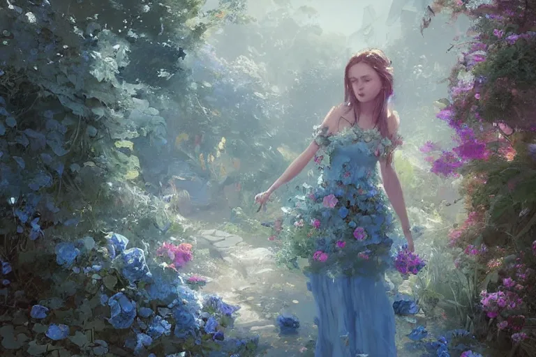 Image similar to a beautiful painting of blue roses garden, girl, by greg rutkowski, trending on artstation