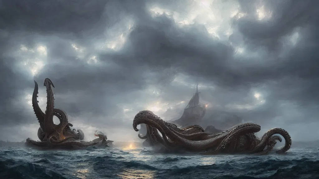 Prompt: small boat in foreground, giant big kraken in the background, lightning in background, intricate, detailed, volumetric lighting, sharp focus, scenery, digital painting, highly detailed, concept art, ruan jia, steve mccurry