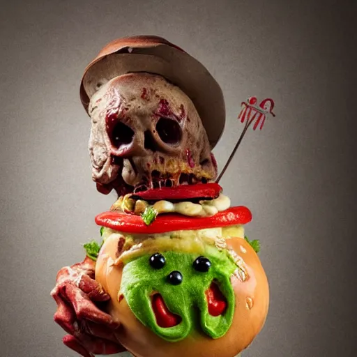 Image similar to a humanoid bipedal upright zombie that strongly resembles a hamburger, professional food photography