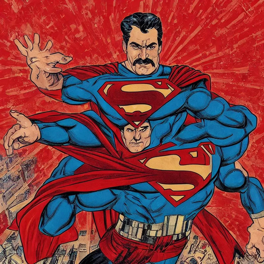 Image similar to epic comic book cover of stalin as superman floating over the red square ( moscow ), red banners, saved the day, socialist realism, aesthetically pleasing, finely detailed facial features, hyperrealist, intricate digital art, trending artstation, artgem, rich moody colors, fan art, concept art, in the style of the red son, by cory walker and ryan ottley