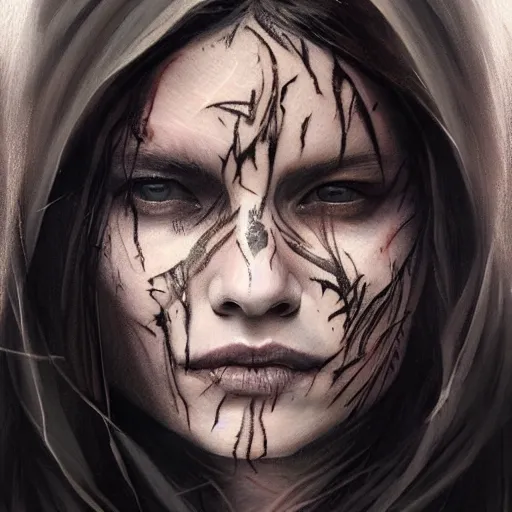 Prompt: portrait of an woman by Greg Rutkowski, she is about 20 years old, pretty, long brown wavy hair, tribal tattoos on her face, scar near her mouth that makes her look like she's smiling all the time, wearing black sith robes, Star Wars Expanded Universe, highly detailed portrait, digital painting, artstation, concept art, smooth, sharp foccus ilustration, Artstation HQ