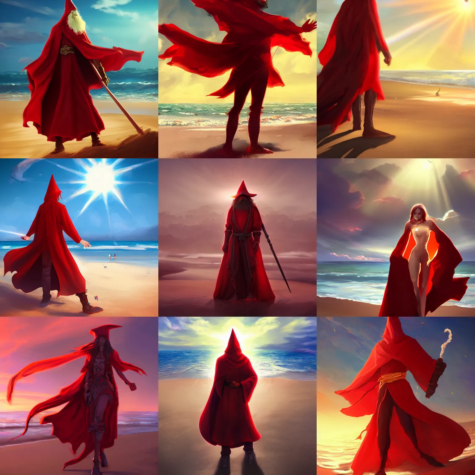 Prompt: A red wizard on the beach, sun rays, sunny, beautiful, epic, digital art, trending on artstation