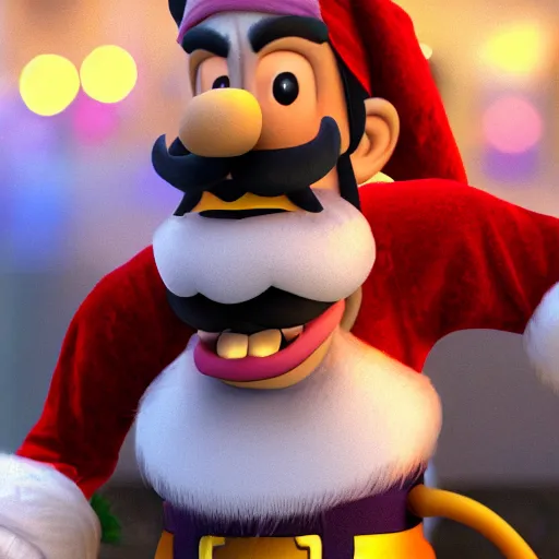 Image similar to a beautiful portrait of waluigi as as santa claus, ultra realistic details, 8 k