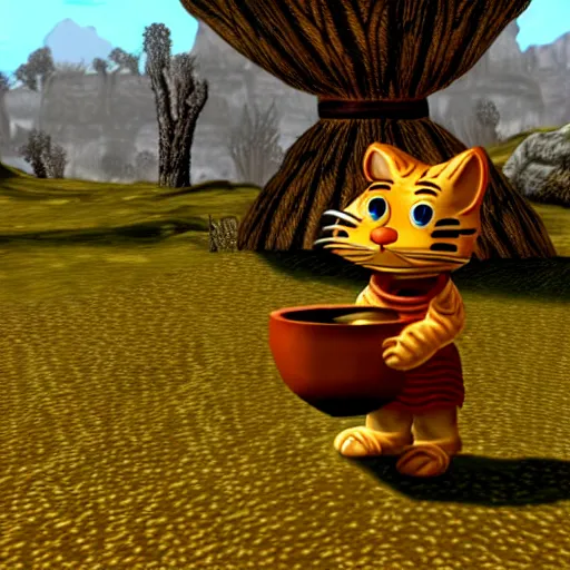 Image similar to garfield drinking from a vase in morrowind, retro pc graphics, video game screenshot