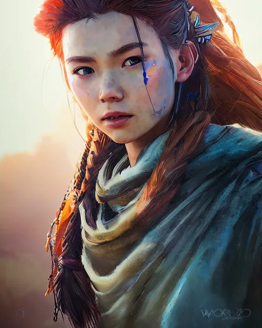 Prompt: action portrait of aloy from horizon zero dawn, wry expression, digital art, muted colors, visible paint, bokeh, beautiful fabric by nixeau, by wlop, by guweiz