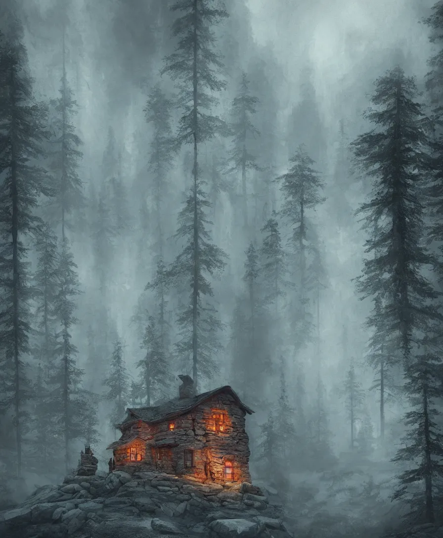 Prompt: of a beautiful scary Hyperrealistic stone cabin with smoke from chimney in the middle of a dark and creepy forest, macro lens, highly detailed, digital painting, trending artstation, concept art, illustration, cinematic lighting, vibrant colors, photorealism, epic, octane render