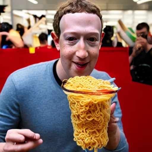 Prompt: mark zuckerberg eating gummy worm ramen