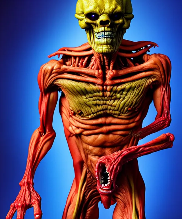 Image similar to hyperrealistic rendering, cronenberg flesh monster skeletor by art of skinner and richard corben and jeff easley, product photography, action figure, sofubi, studio lighting, colored gels