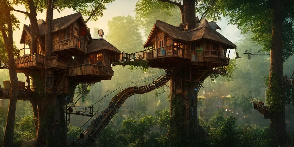 Image similar to in a treehouse city, highly detailed, 8 k, hdr, award - winning, octane render, artstation, volumetric lighting