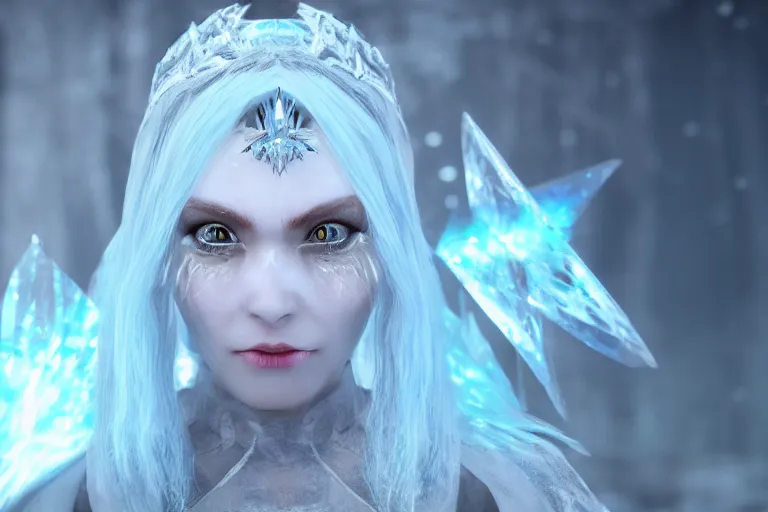 Image similar to HD render of Malevolent Ice Queen with round ice crystals on forehead in the style of Artstation, Unreal Engine, photorealistic, reflective