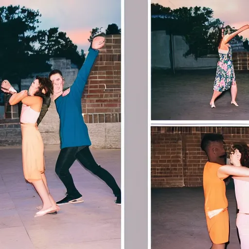 Image similar to a cute couple doing the bump on the dancefloor. freedom. being loose. pleasure. midnight. outdoors and indoors. varying angles. high - res photography.