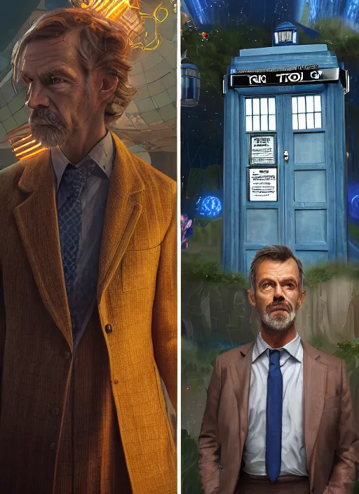 Image similar to portrait of doctor house standing next to tardis from doctor who, au naturel, hyper detailed, digital art, trending in artstation, cinematic lighting, studio quality, smooth render, unreal engine 5 rendered, octane rendered, art style by klimt and nixeu and ian sprigger and wlop and krenz cushart.