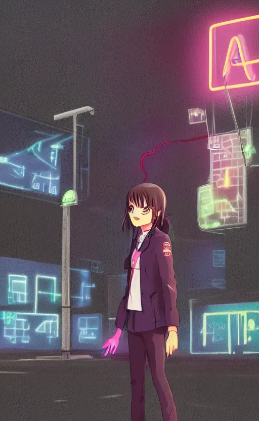 Image similar to Android wearing a school uniform, smoking a cigarette while standing on street corner lit by a neon sign”, full body shot, Digital art, detailed, anime