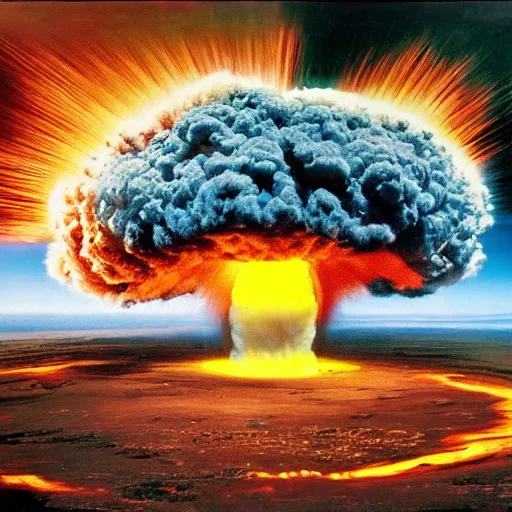 Prompt: nuclear explosion, blast, blowup, burst, bursting, detonation, eruption, outburst