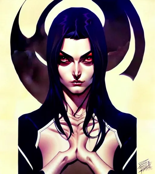 Image similar to artgerm, joshua middleton comic cover art, pretty friendly sweet kind phoebe tonkin eye of horus painted under left eye, young, attractive, slim, she has very pale skin long black hair, she prefers to dress casually and she wears black clothing