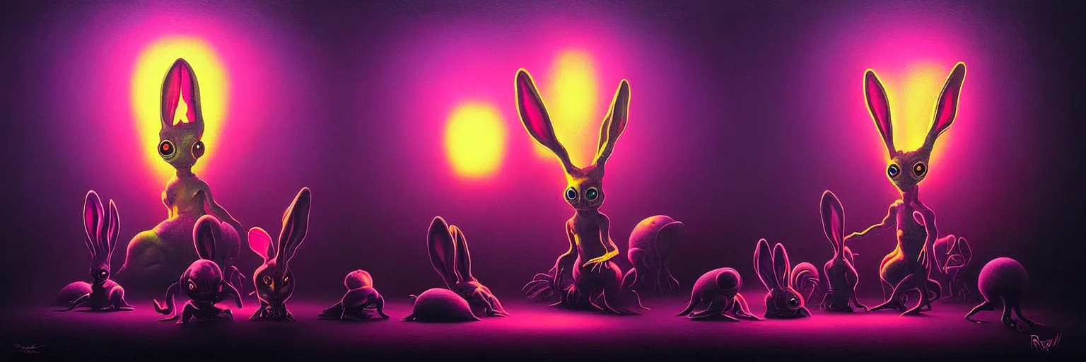 Image similar to strange alien bunny creatures from the depths of the collective unconscious, dramatic lighting, surreal darkly colorful painting by ronny khalil