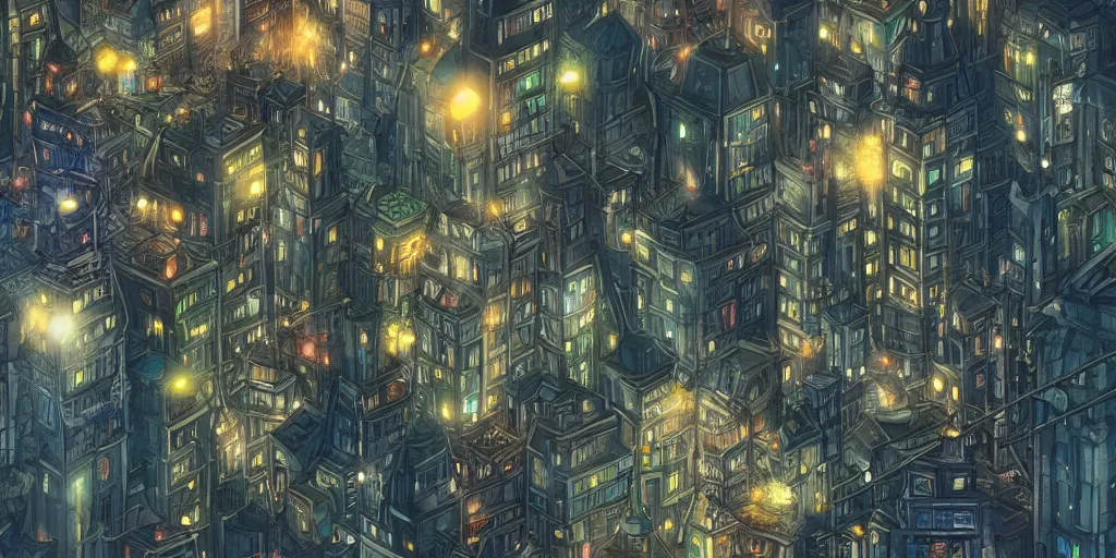 Prompt: the city that never sleeps, lights, mythology, fairy tale, urban landscape, evening, highly detailed, low angle view, studio ghibli, artstation, in the style of aetherpunk